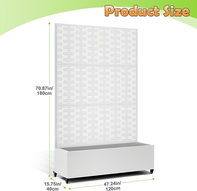 Metal Raised Garden Bed with Trellis 2-in-1 Planter Box &amp Privacy Screen for Climbing Plants Outdoor Standing Flower Bed with Drainage Holes 47.2 L x 16.7 W x 70.8 H White-Brick