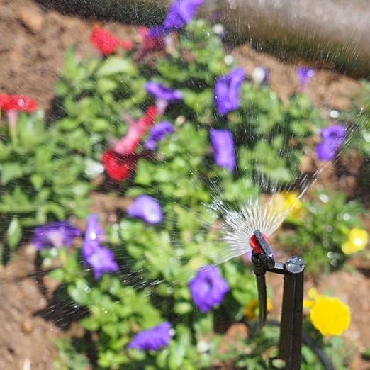 Drip Irrigation Micro Spray Emitter on 20 inch Stake with 1/4 Tubing and Barbed Coupler 180° Half Circle Pattern 8.5’ Spraying Distance