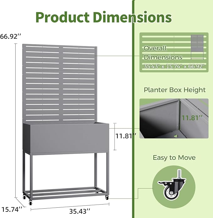 Metal Planter Box with Trellis67 H x35 W Raised Garden Beds with Privacy Screen for Climbing Plants Flower Elevated Standing Planter Garden Bed with Drainage Holes for Outdoor PatioGrey