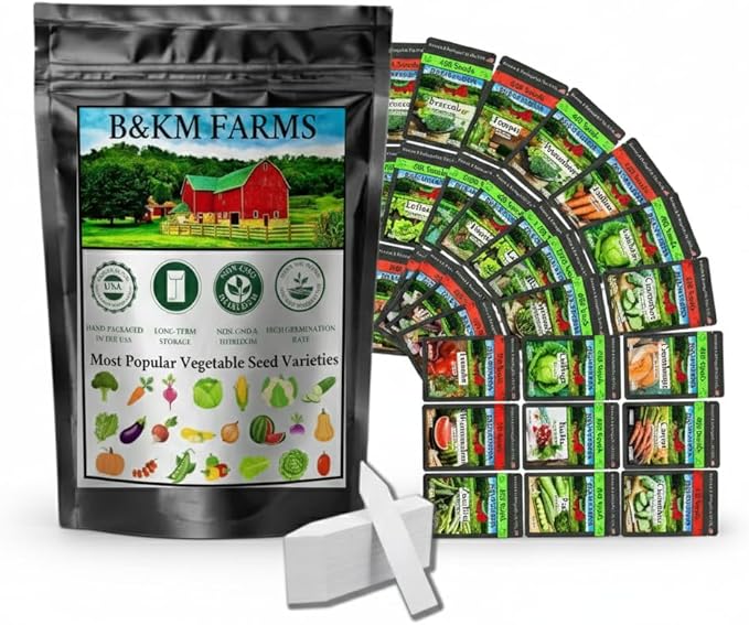 B&ampKM Farms Vegetable Seed Collection - 36 Varieties 72 Packets 80000+ Heirloom Non-GMO Seeds Resealable Storage Packaging(72 Pack: The Homestead Collection)