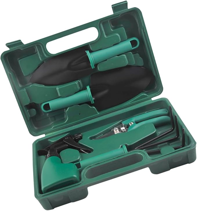 Garden Hand Tool Set with Stainless Steel Shovel Rake and Pruner 5pcs Portable Gardening Supplies Kit with Carrying Case for Planting and Yard Work