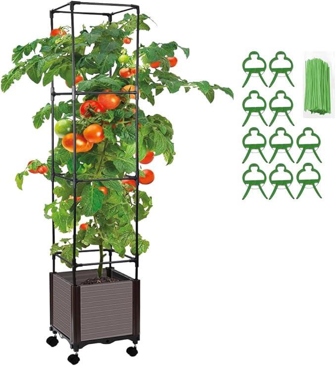 Tomato Cage with Trellis 62 H Wheeled Tomato Planter Box Outdoor for Climbing Plants Flowers Potato Vine Vegetables Portable Self Watering Raised Garden Bed for Patio Greenhouse