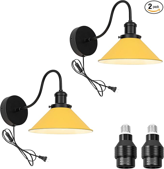 2-Pack Hook Mounted Plant Light Full Spectrum 4500K 10W Adjusted Light Beam Range 15°-60° Vintage Yellow Cone Shade Goose Neck Wall Lamp for Indoor Plants Flowers Growing