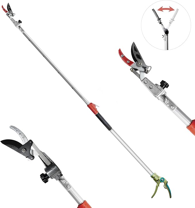 GARTOL Pruner for Garden Cut Upto 1 Inch &amp Hold Telescopic Pole Pruner Fruit Picker with Rotating Blade Head Lightweight Aluminum Extendable Handle for Tree Branch Cutter 6.23-10.5 FT Silver