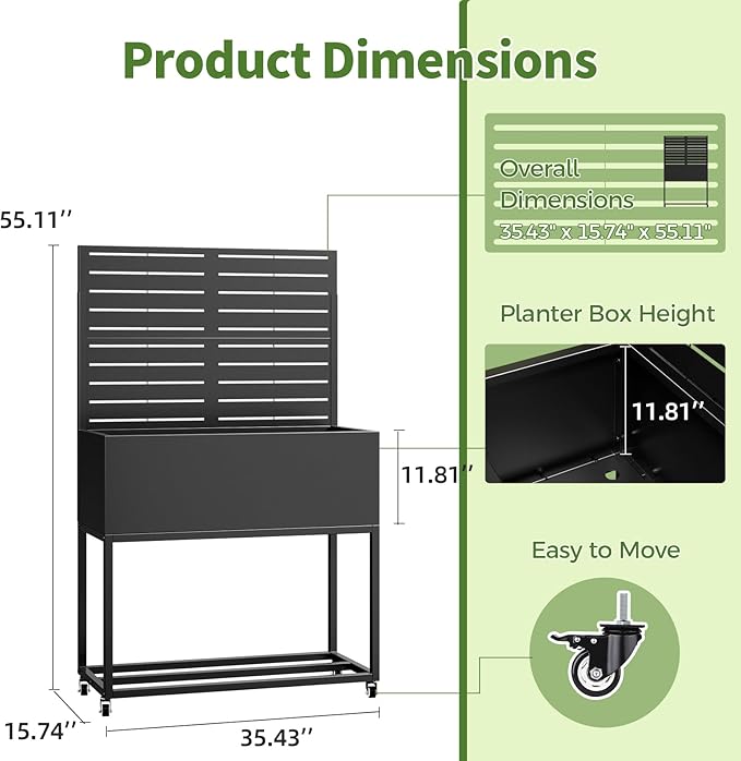 Metal Planter Box with Trellis55 H x35 W Raised Garden Beds with Privacy Screen for Climbing Plants Flower Elevated Standing Planter Garden Bed with Drainage Holes for Outdoor PatioBlack