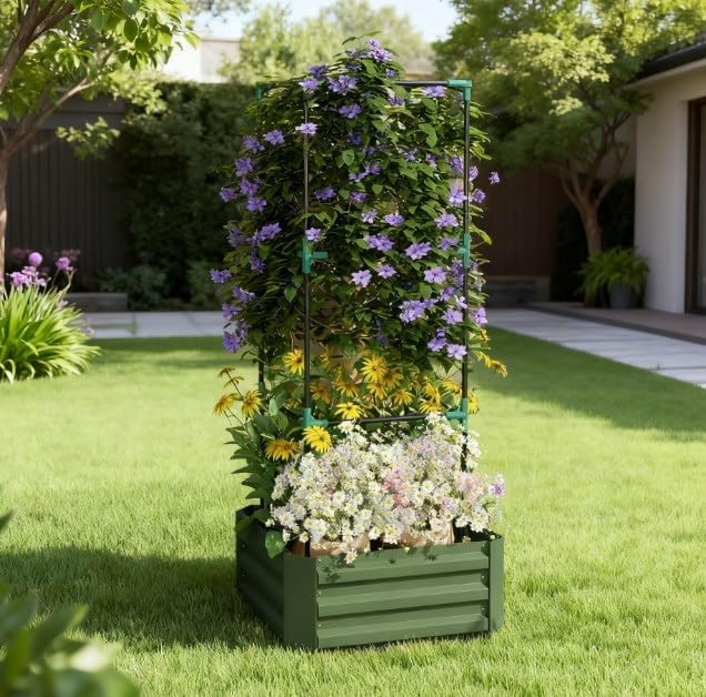 Modular Galvanized Garden Bed with Detachable Plant Cage All-in-One Raised Planter System for Climbing Vegetables &amp Flowers Easy Assembly Design (Green)