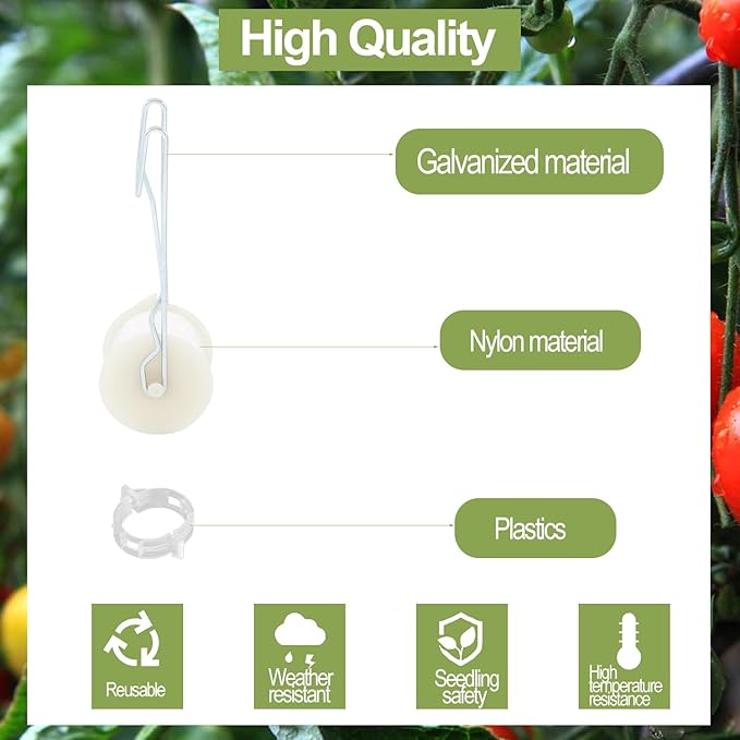 20PCS Tomato Roller Hooks with 49.21FT String and 200PCS Tomato Support Clips for TomatoPlant GreenhouseFlower Vine Twine Crop Greenhouse Trellising Kit