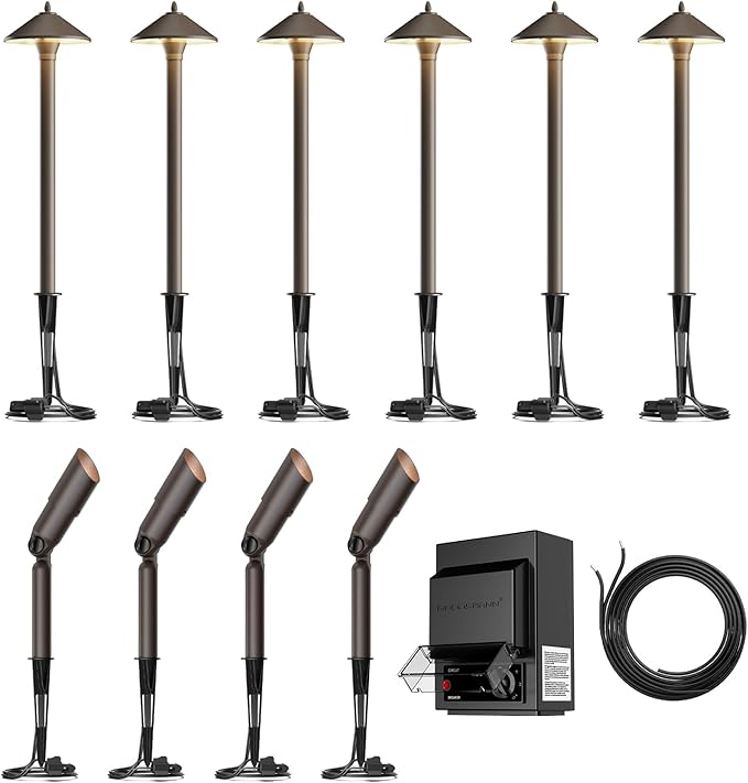 GOODSMANN 12V AC Halogen Landscape Lighting Kit with 150W Outdoor Low Voltage Transformer &amp 6PK 10W Weatherproof Pathway Lights &amp 4PK Metal 20W Flooding Lights/Spotlights &amp 75Feet 16AWG Wi
