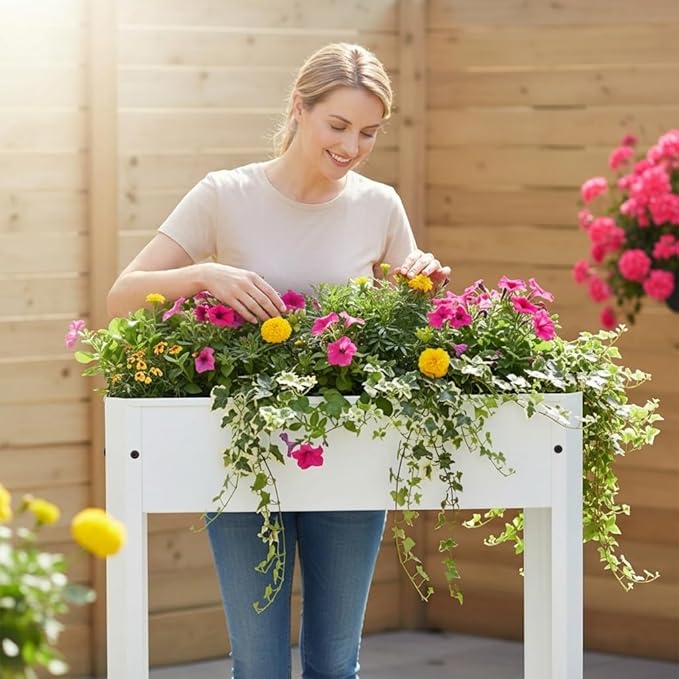Raised Garden Bed with Legs 24×10.8×18 in Metal Elevated Raised Planter Box with Drainage Holes for Backyard Patio Balcony 80 lb Capacity - White