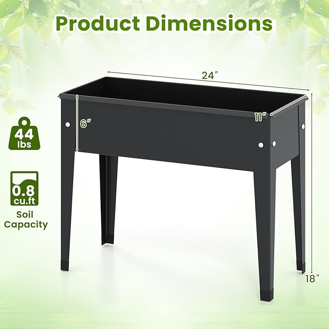Raised Garden Bed with Legs 24 x 11 x 18 Inch Metal Elevated Planter Box w/Drainage Holes for Flowers Herbs Standing Raised Planter Bed for Indoor Outdoor Balcony Patio Backyard (1 Black)