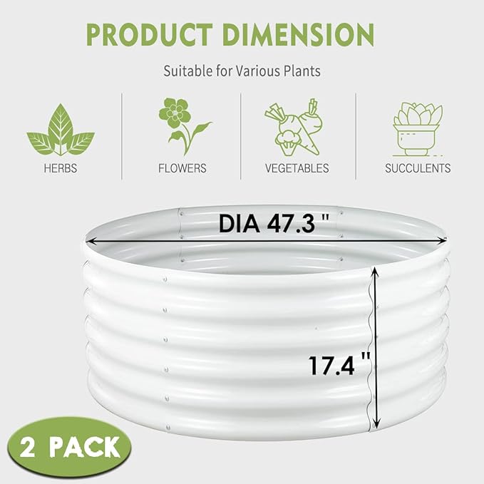 FORTUNO 2 Pcs 17 Tall 4 Ft Round Raised Garden Bed Box Galvanized Metal Outdoor High Flower Bed Steel Patio Ground Planter for Planting Vegetables and Herbs White
