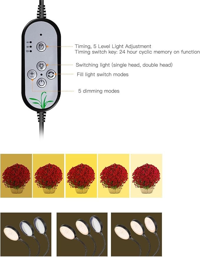 Dual Head 30W USB Powered LED Plant Grow Light with Timing and Dimmable Features