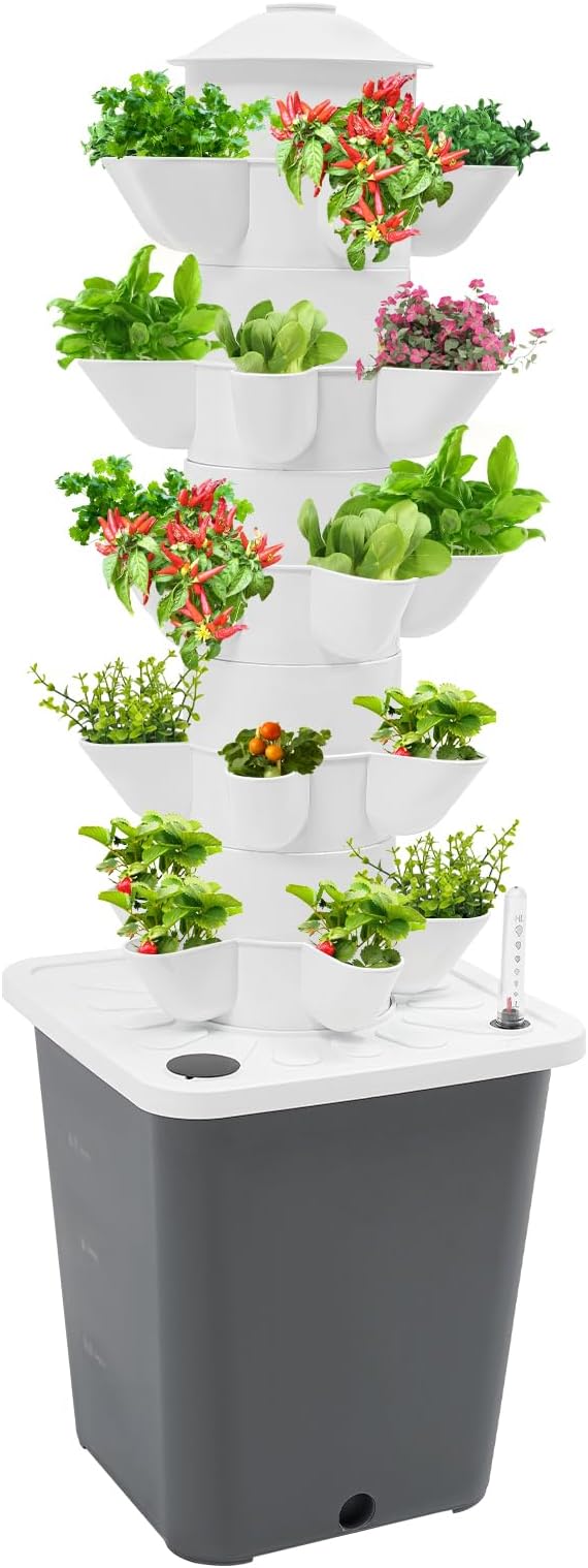 25 Plants Hydroponic Tower Hydroponics Growing System Vertical Garden Planter with Water Pump Plants Germination Kit for Indoor Herbs Vegetables Fruits (Grey)
