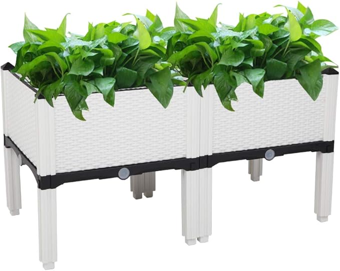 2 PCS Easy Grow Raised Garden Bed with Self Watering Planter Box and Drainage Plug (White)