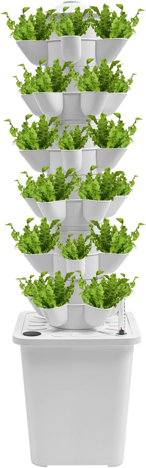 6-Tier Hydroponic Grow Tower Kit 30 Holes Planting Sites Indoor Garden System with Water Pump Self-Watering Vertical Gardening Kit for Lettuce Herbs Strawberries Vegetables Flowers 34H White