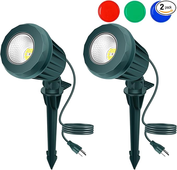 Spotlight Outdoor – 120V Plug-in 2700K Warm White LED Landscape Spot Lights with RGB 3 Lenses for Yard Garden Lawn&ampTree Decor IP67 Waterproof Perfect for Holidays&ampEveryday (2 Pack Green)