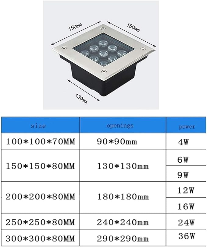 Recessed LED Spotlight - Square Floor Landscape Light Waterproof LED Underground Path Light/AC85V~265V Buried Lights Decorative Garden Spotlight/for Sidewalk/Piazza/Stair Step/Path Lighting