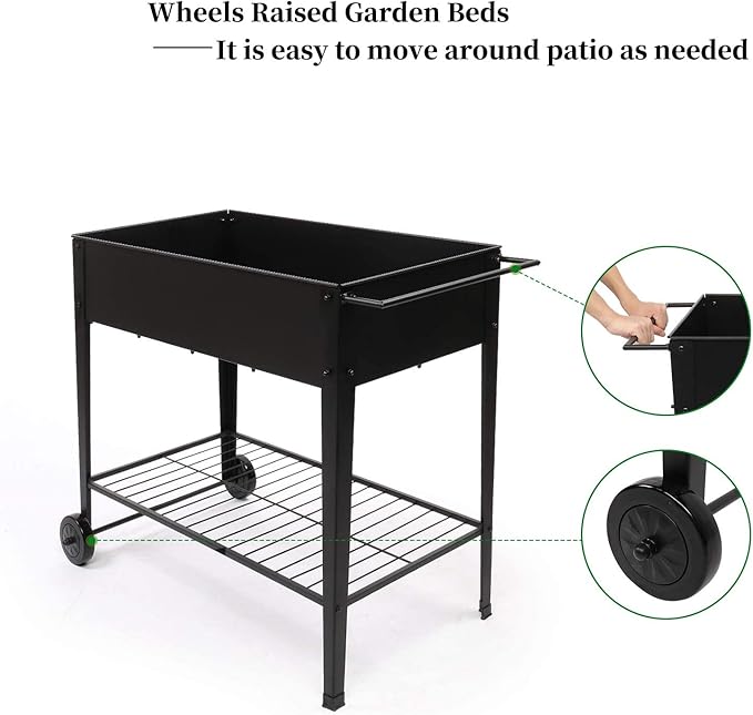 VINGLI Large Metal Raised Garden Bed Planter Box with Legs and Wheels Outdoor Elevated Mobile Garden Bed for Vegetables Fruits and Flowers Ergonomic Patio Metal Planter (40 L x 19 W x 32 H)
