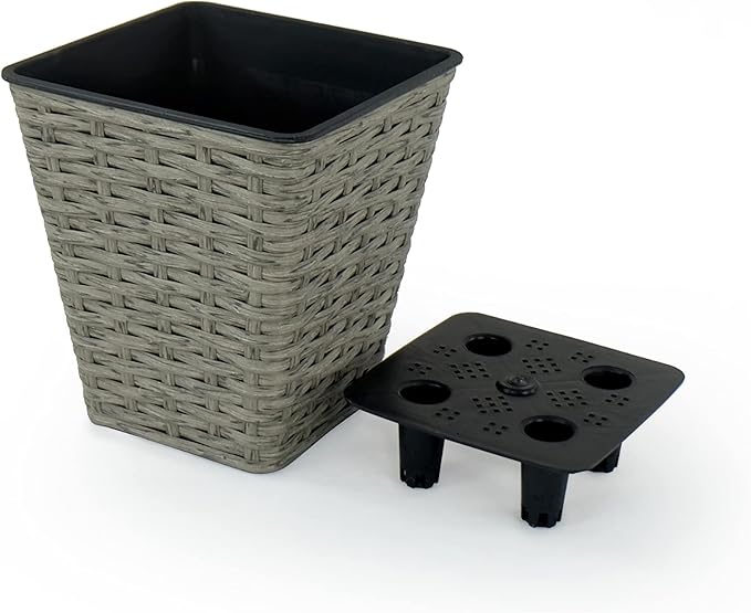2 Pack Smart Self Watering Square Planter for Indoor and Outdoor Hand Woven Wicker Gray
