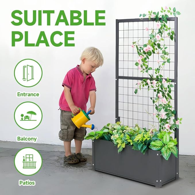 Metal Planter with Trellis Raised Garden Beds Outdoor (35.5 L*12 W*59 H) Inch Planter Box with Trellis&ampPrivacy Screen for Climbing Plants Vegetables Vines