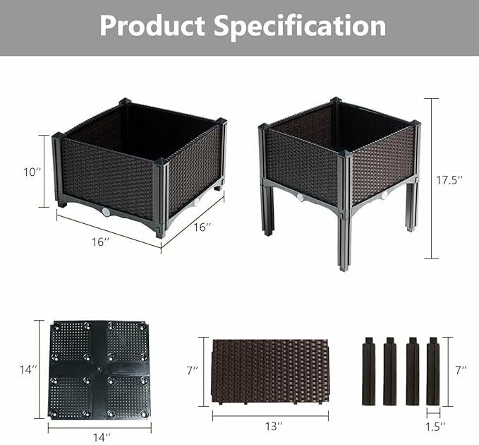 Set of 4 Raised Garden Beds w/Brackets Elevated Garden Bed Kit Patio Flower Plant Planter Box Container Indoor Outdoor Perfect for Porches Decks Balconies Yard Gardening Brown