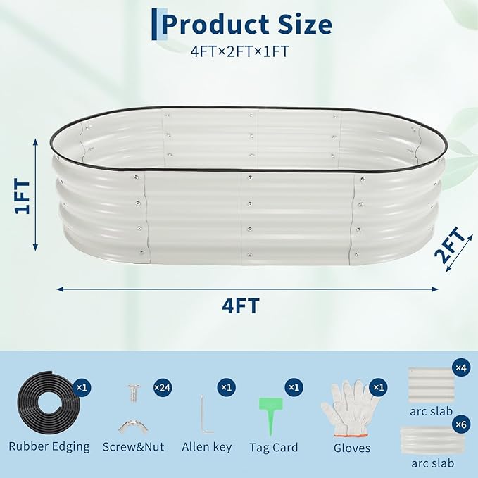 4x2x1ft Galvanized Raised Garden Bed Kit Metal Raised Garden Bed for Vegetables Flowers &amp Herbs Oval Planter Box with Open-Ended Base Large Outdoor Garden Bed for Backyard Patio White