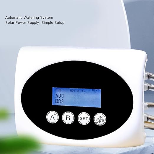 Solar Watering System Automatic Drip Irrigation Kit with Dual Pump LCD USB Battery Powered for 15 Potted Plants Indoor Outdoor Use
