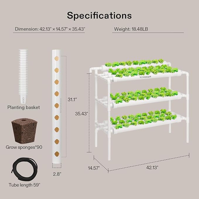 VIVOSUN Hydroponics Growing System 90 Plant Sites 3 Layers 10 Food-Grade PVC-U Pipes Hydroponic Gardening System Grow Kit with Water Pump Pump Timer Nest Basket and Sponge for Leafy Vegetables