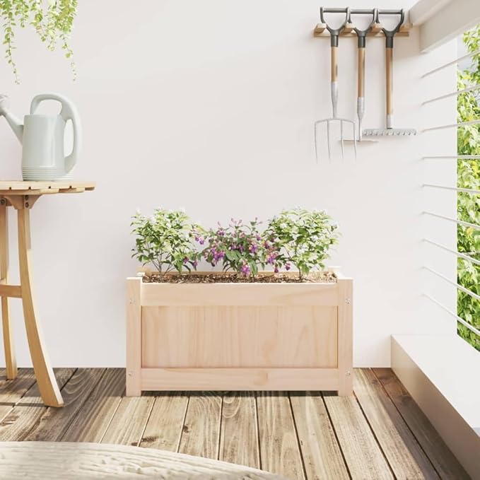 Garden Planter Natural Wood Color Solid Pine Wood Raised Garden Bed 23.6x23.6x12.2 Inch Rectangular Outdoor Planter Box for Vegetables Flowers Herbs