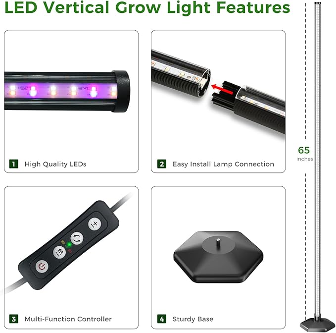 2PCS Grow Lights for Indoor Plants with Timer 384 LEDs 42W Vertical Full Spectrum Grow Light 65 Inch Standing Grow Lights 3 Light Modes 5-Level Dimmable Wide Coverage