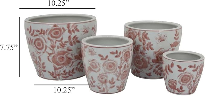 Accent Planter Pot Set of 4 Pink Floral Pattern White Ceramic