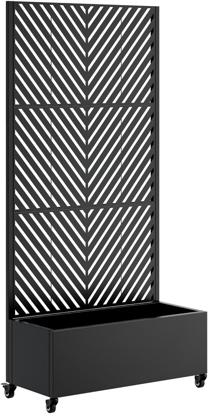 Metal Raise Garden Bed with Trellis Outdoor Indoor 73'' Tall Planter Box with Wheels Large Planter with Drainage Holes &amp Lockable Casters for Climbing Plants Vegetables Vines (Rectangle E)