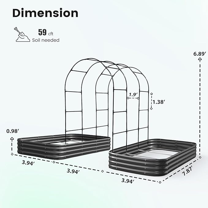 KING BIRD Raised Garden Bed with Arched Trellis Galvanized Planter Garden Box Outdoor for Gardening Climbing Vegetables Flowers 7.87x3.94x0.98 Ft 2PCS Dark Grey