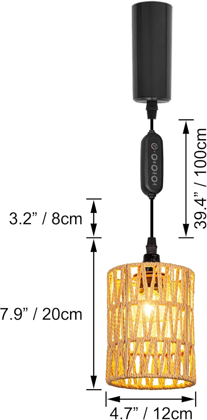 AUTO Plant Growing Lamp Adjustable Height J-Type Track Light PendantsBrown Boho Hollow-Carved Designed Rattan Shade with 24 H Timer for Indoor Planting Kitchen Green House