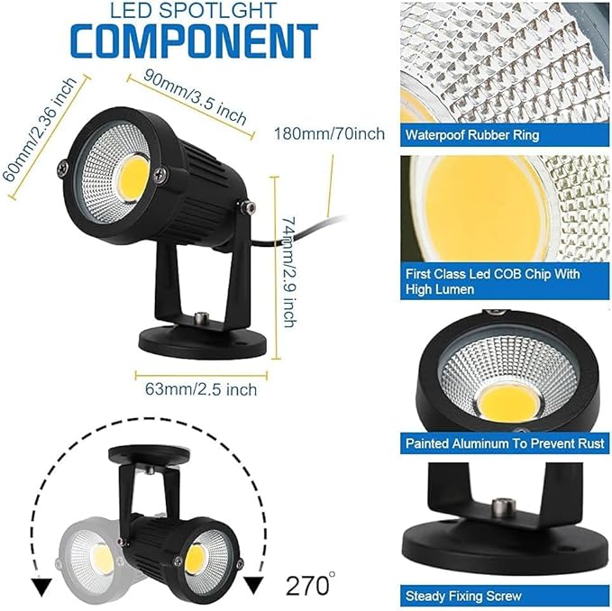 110V Landscape SpotlightLED Landscape Lighting Outdoor for Flag Pole LightIP65 Landscape Lights 3000k Garden Light 6FT Cord with US 3 Prong (BaseStake Included) (5 Watts)