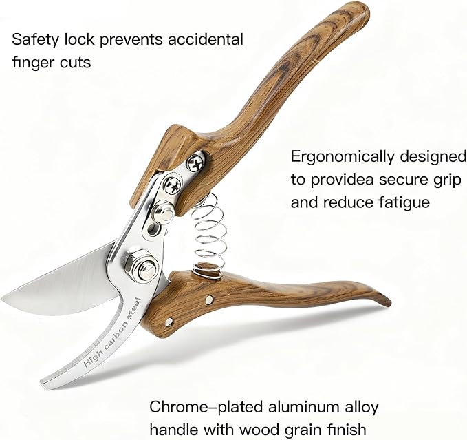 Garvee Professional Pruning Shears for Gardening with High-Carbon 75Cr1 Blades | Wood-Grain Aluminum Handle Garden Shears | 8x20cm Heavy Duty Gardening Tools for Florists &amp Gardeners