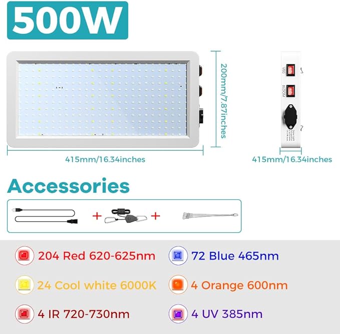 500W LED Grow Light Red Blue Full Spectrum Plant Lamps 312leds Fill Lights Veg/Bloom Modes Dimmable Sunlight Greenhouse Hydroponics 100-277V Indoor UV IR Seeds Cultivation Lighting with Hook US Plug
