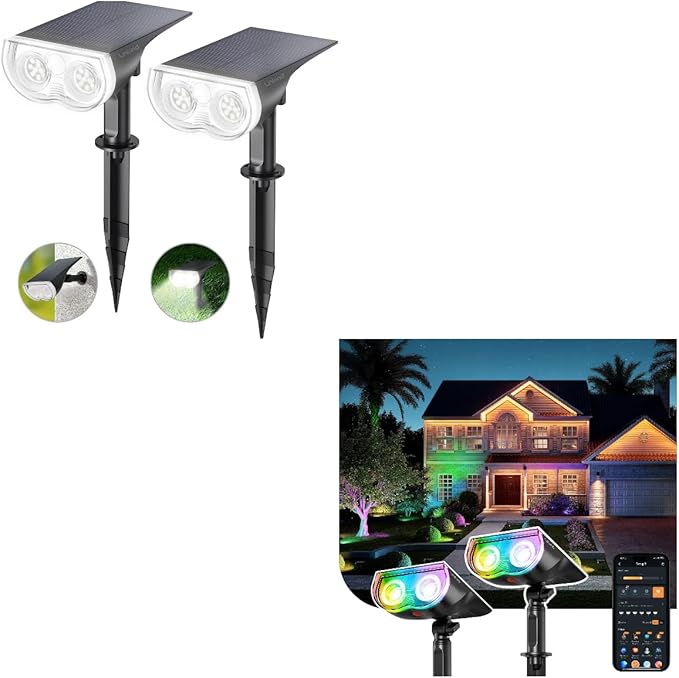 Linkind StarRay Solar Spot Lights Outdoor IP67 Waterproof Dusk-to-Dawn Landscape Spotlights 6500K Daylight Smart Solar Spotlight SL5C Color Changing Landscape Lighting APP/Voice Control
