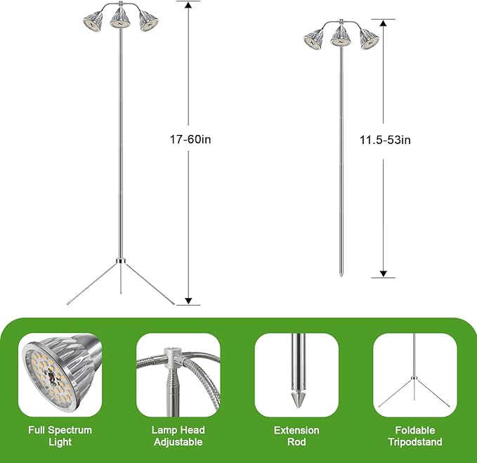 Full Spectrum Grow Light for Indoor Plants with Adjustable Tripod Stand 11''- 60'' Height Plant Grow Lamp with Auto Timer 3/9/12H LED Plant Light for Houseplants Seedlings Flowers &amp Indoor Gar