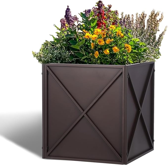 SUNNYPARK Large Metal Planter Box 17”x 17”x 18” Square Modern Brown Metal Planter Box Heavy Duty with Drainage Holes for Outdoor Garden Patio