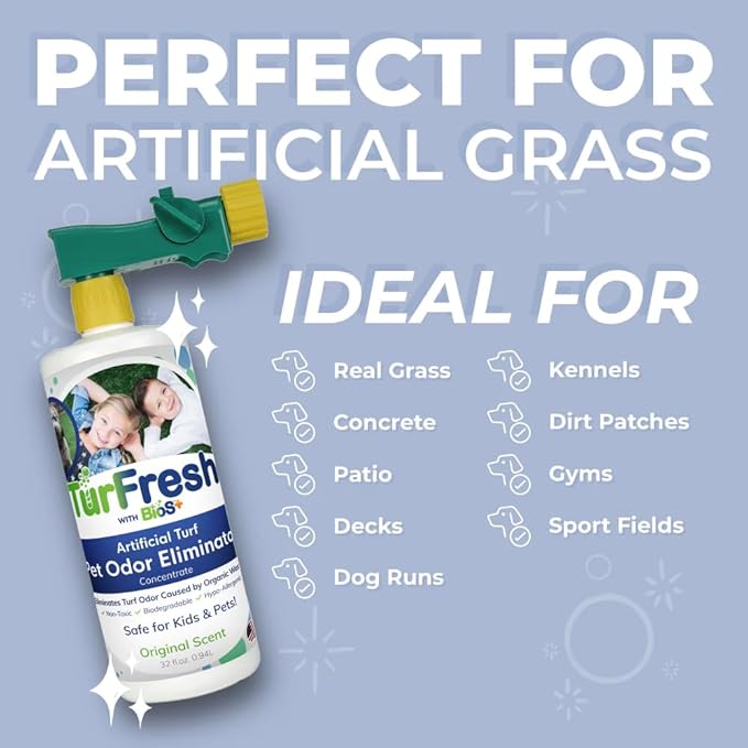 TurFresh BioS+ Artificial Turf Pet Odor Eliminator – Enzyme Concentrate for Dog Urine and Feces for Artificial Grass Kennels &amp Outdoor Surfaces – Safe for Kids Pets &amp Plants – 32 oz Bottle