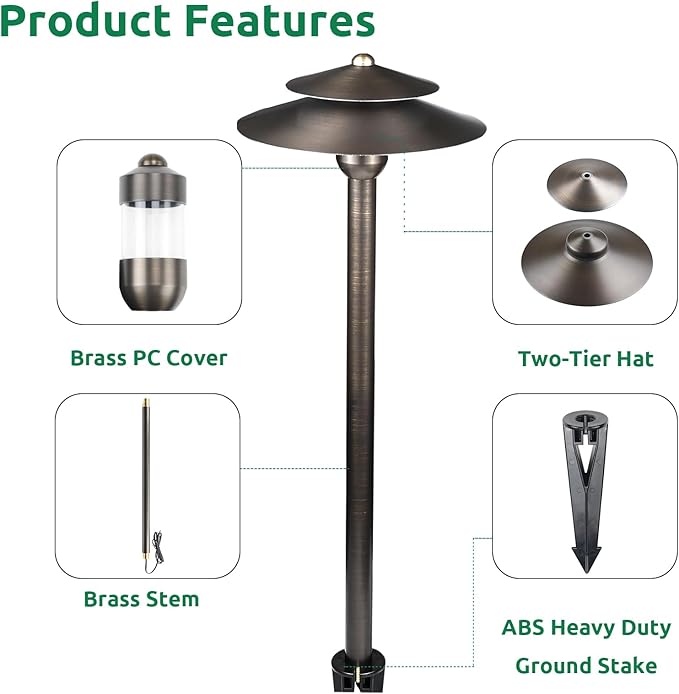 DOSHINE® Solid Brass Low Voltage Landscape Lighting Pathway Lights (8.25 Shade 22 Tall) with Replaceable 3W G4 LED Bulb 3000K AC/DC 12V and Ground Stake for Outdoor Walkway Driveway (DOU 6-Pack)