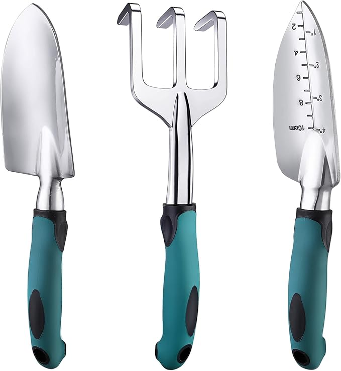 FANHAO Garden Tools Set 3 Piece Heavy Duty Gardening Tools Cast Aluminum with Soft Rubberized Non-Slip Handle Durable Garden Hand Tools Garden Gifts for Men Women