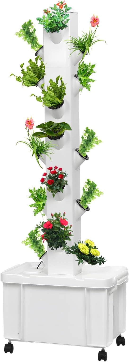 Hydroponic Tower | Vertical Planter Tower | Indoor Vertical Tower Garden System Kit with 24 Net Pots | 5 Layers Herb Garden Planter Indoor Kit with Water Pump and Wheels for Gardening Lover
