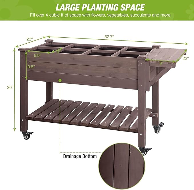 GUTINNEEN Raised Garden Bed Outdoor with 8 Planter Boxes Wooden Elevated Garden Bed with Legs Wheels Side Workbench and Storage Shelf for Plants Vegetables Flowers Herbs