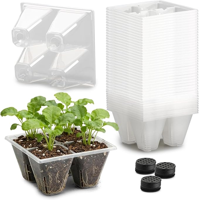 40 Pack Reusable 4-Cell Seed Starter Trays with Large Drainage Holes - Clear Transparent Trays for Root Growth Monitoring Avoids Overwatering Easy Transplant Fits Standard 1020 Trays