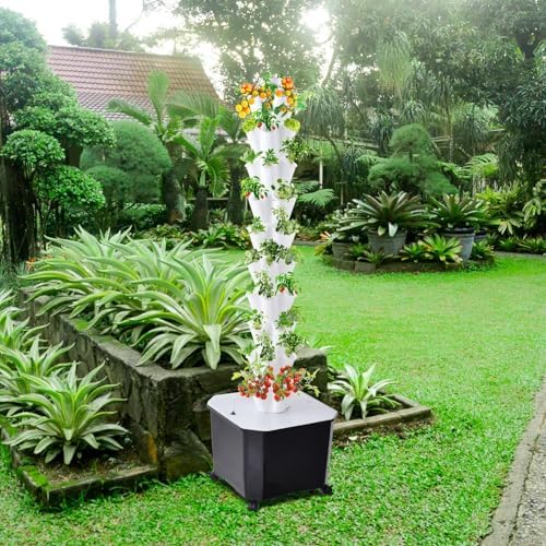 60 Plant Hydroponics Growing System Kit - 50L Large Capacity Hydroponic Tower with Timer Water Pump &amp Movable Tank for Indoor/Outdoor Vegetables Strawberries Lettuce