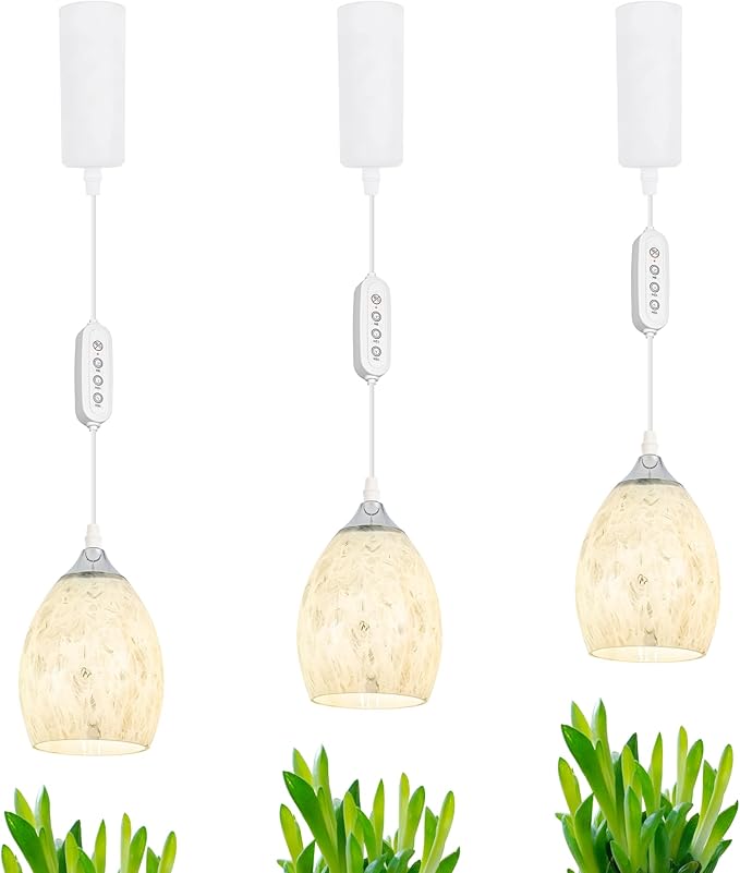 Adjustable Height J-Type Track Light Pendants 24 H Timer 4500K 10W LED Full Spectrum White Marble Oval Bell Glass Hand Blown Cover AUTO Plant Growing Lamp for Kitchen Island Green House