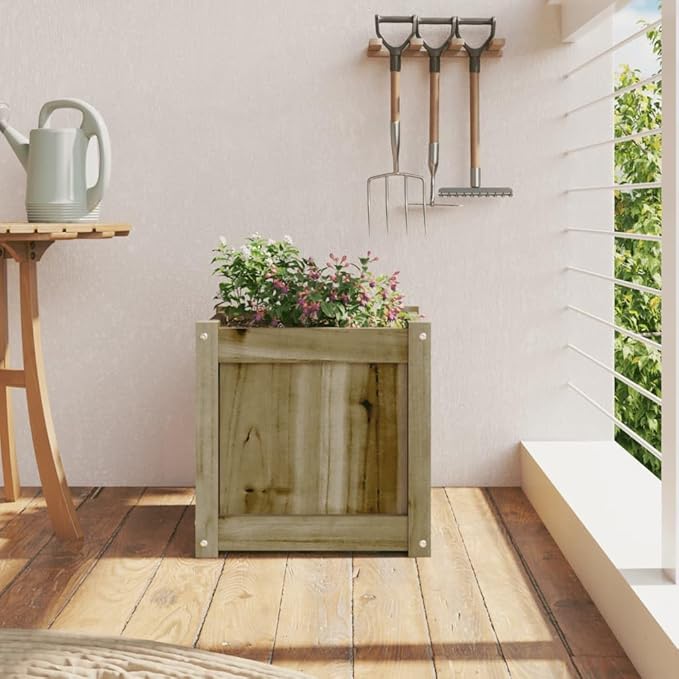 Garden Planter Natural Wood Look Treated Solid Pine Wood 15.7 inch Square Raised Garden Bed for Outdoor Plants Rustic Finish Planter Box