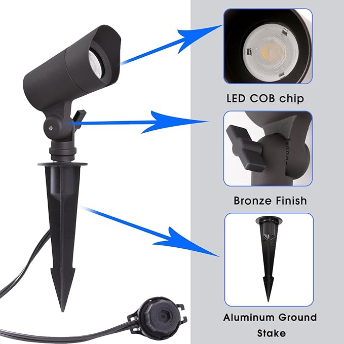 E ENERGETIC LIGHTING LED Landscape Lights with Connectors 12V Low Voltage Warm White 3000k 4W 175LM Outdoor Waterproof Garden Pathway Lights Wall Tree Flag Spotlights with Spike Stand 10 Pack